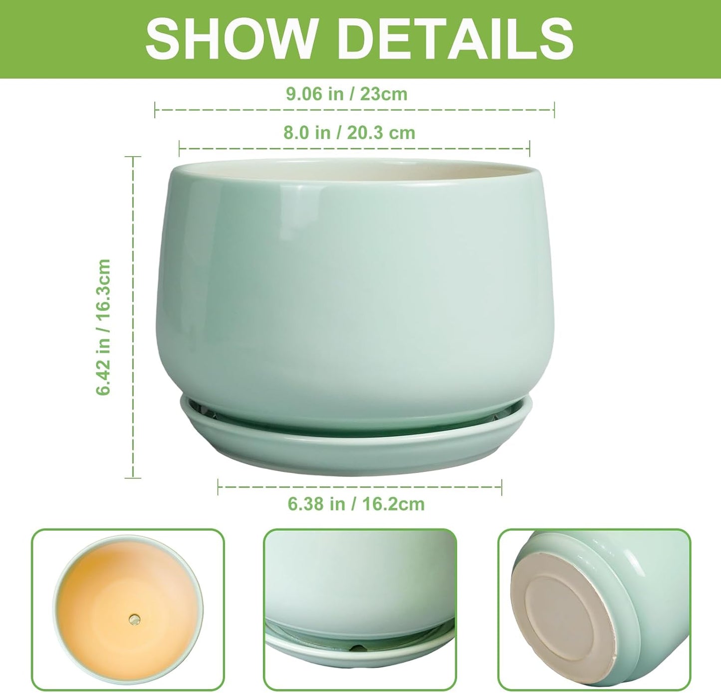 G EPGardening Ceramic Pots for Plants - 9 Inch Ceramic Planter with Drainage and Saucer, Round Planter for Indoor Outdoor Plants, Modern Flower Pots, Garden Decor, Birthday Gifts, Green