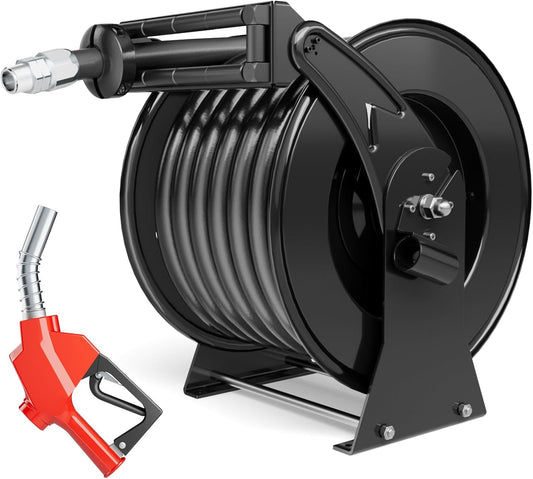 Retractable Fuel Hose Reel 1" x 50' with Fueling Nozzle, 300 PSI Heavy Duty Steel Construction Industrial Auto Swivel Spring Driven Diesel Hose Reel for Aircraft Ship Vehicle Tank Truck, Black