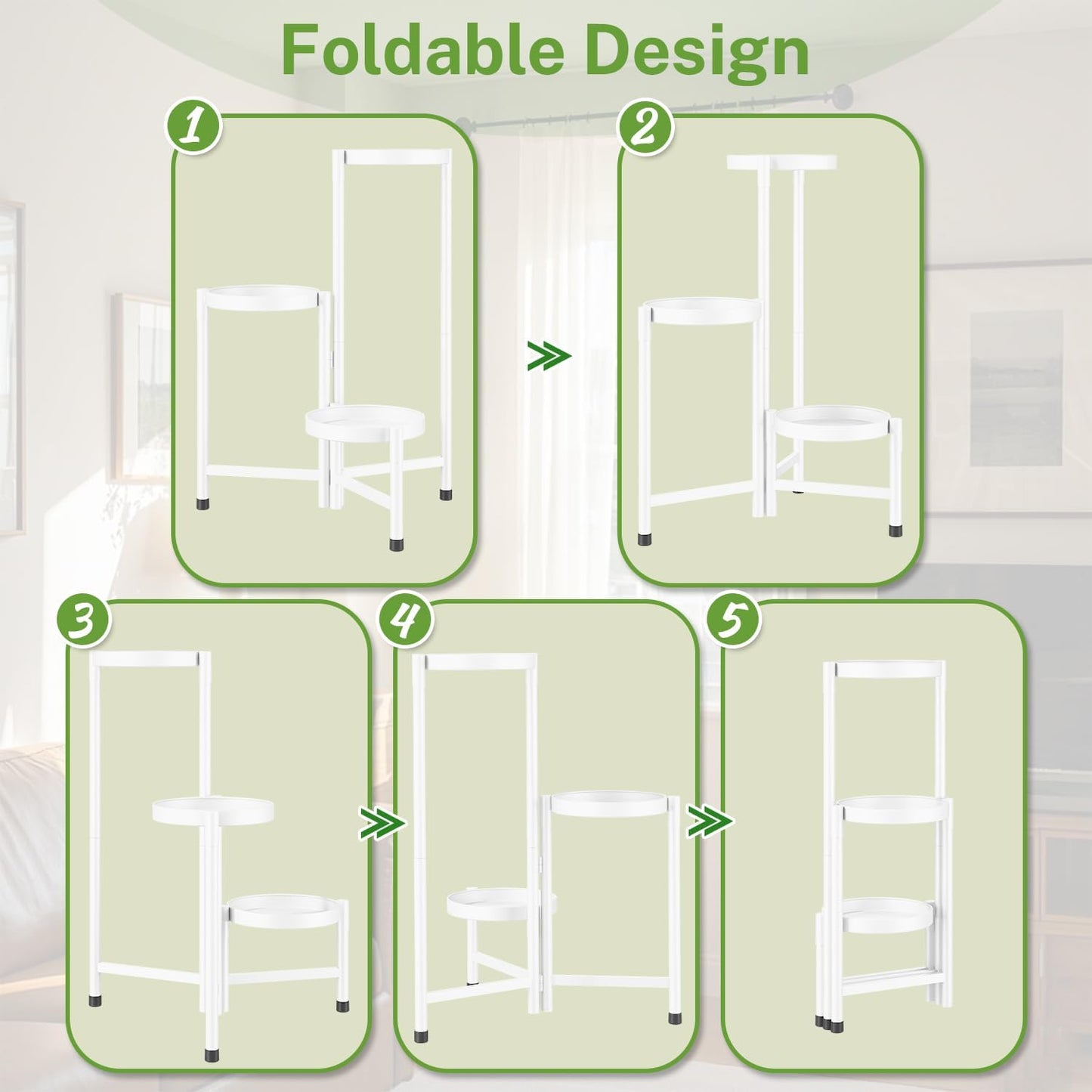iDavosic.ly Plant Stand Indoor Outdoor, 3 Tier Corner Metal Flower Display Holder Shelf, Folding Tall Orchid Rack for Patio Balcony Porch Garden Living Room House, White