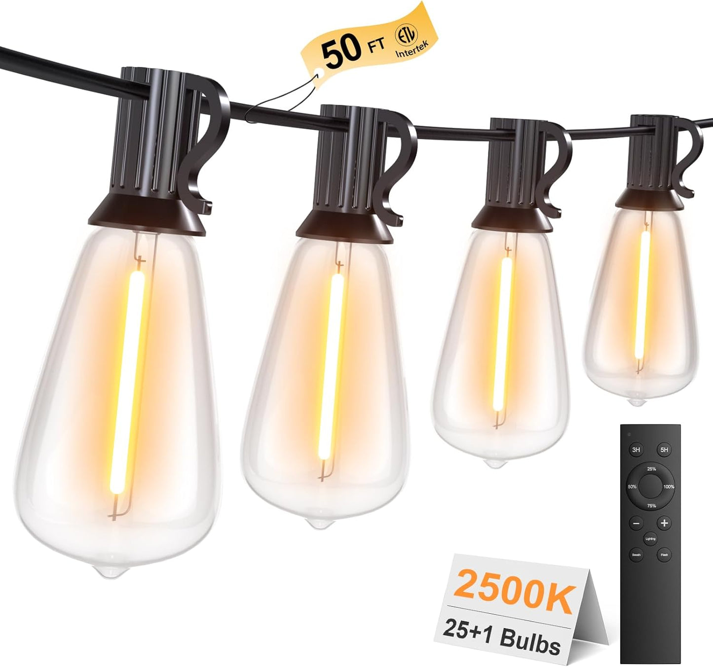 50FT Outdoor String Lights with Remote, Garden Patio Decor with 2500K Warm White, 25+1 LED Edison Bulbs, Support Timer Dimmable Waterproof Shatterproof for Yard Outside Porch Deck Indoor