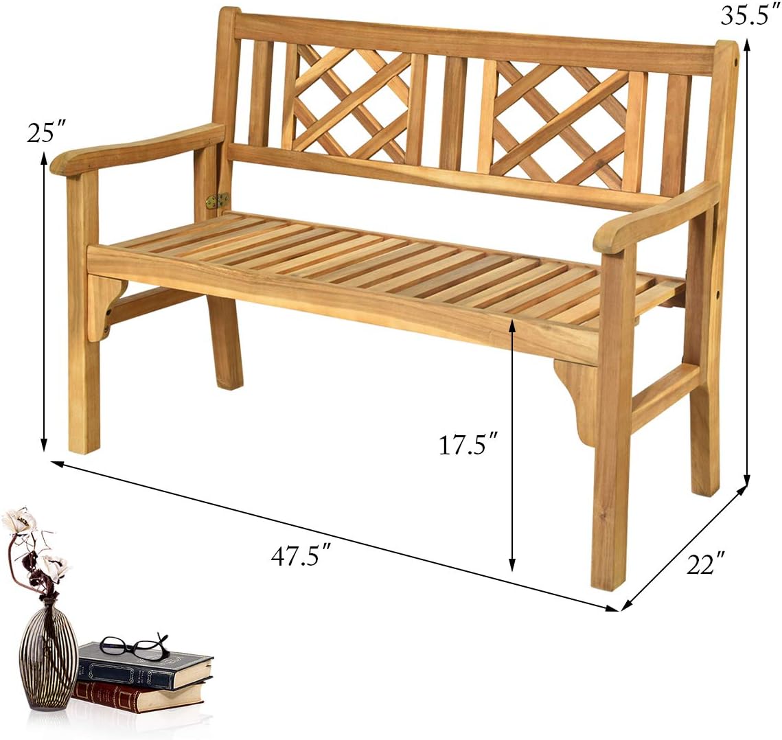 Giantex 4 Ft Foldable Outdoor Bench, Acacia Wood Outside Loveseat with Curved Backrest and Armrest, 705Lbs Weight Capacity, Garden Bench for Patio, Park, Porch, Balcony