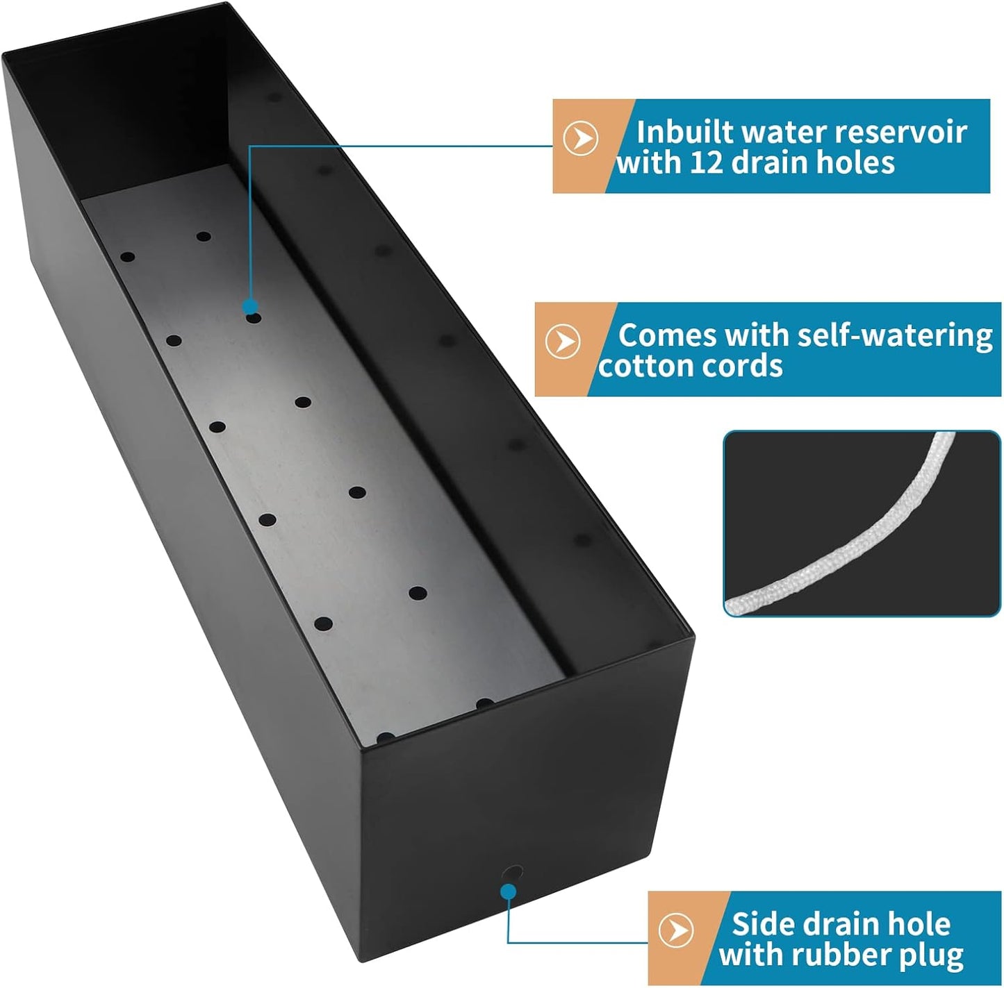 17" Large Stainless Steel Planter Box with Drain Holes and Water Reservoir, Rectangle Succulent Trough Planter Pot for Indoor Outdoor Windowsill, Table Decor (Black)