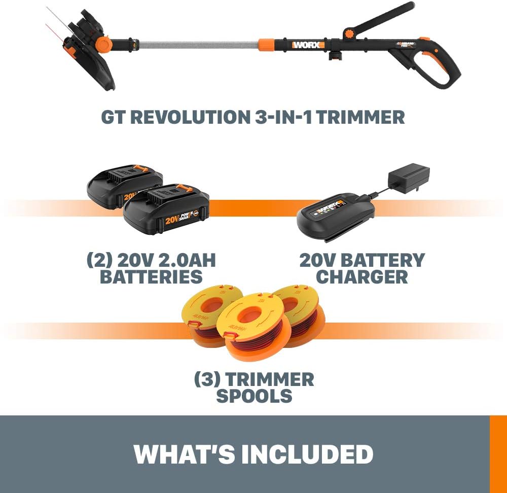 Worx String Trimmer/Edger/Lawn Mower 3-in-1 Grass Trimmer GT Revolution 20V 12" (2 Batteries & Charger Included) WG170