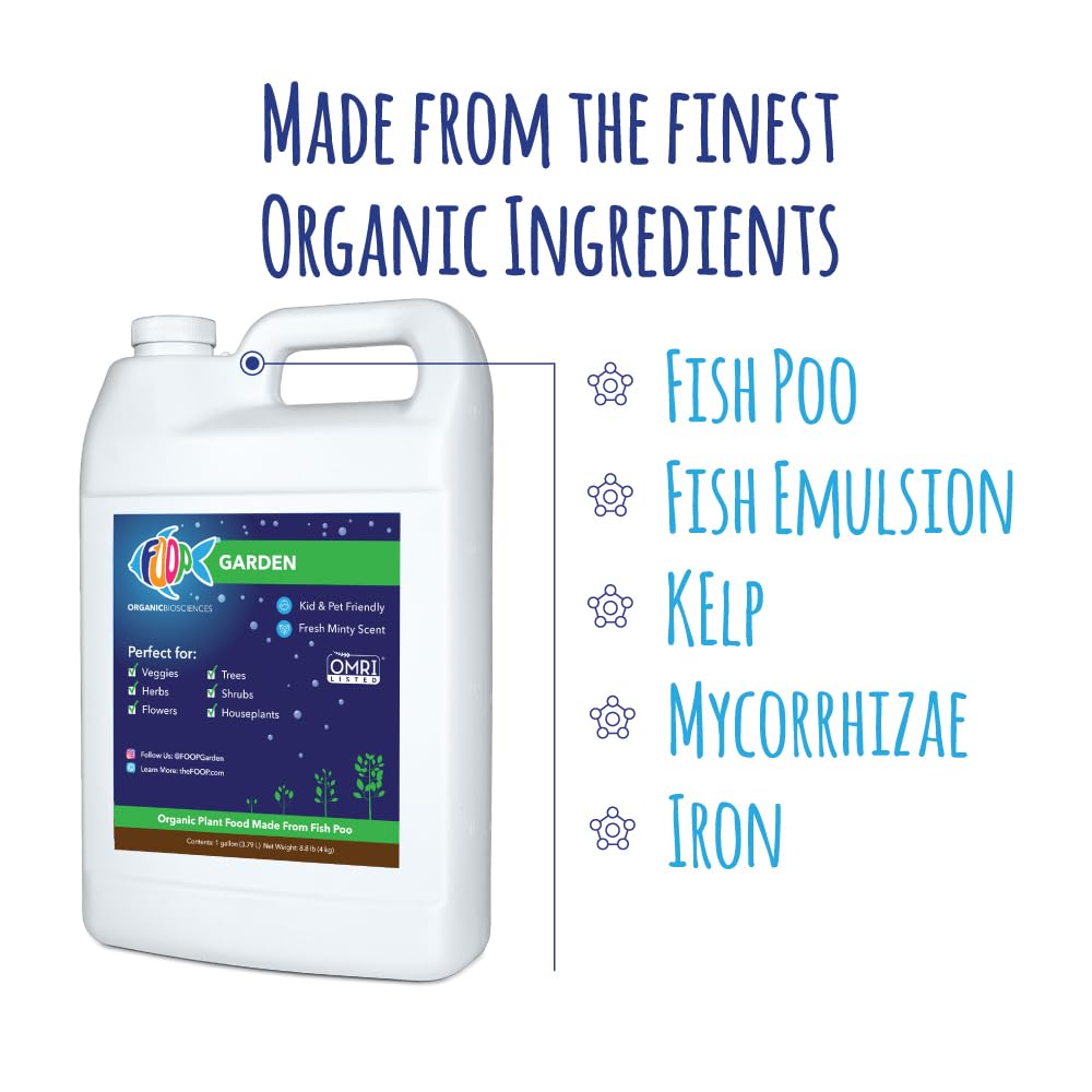 FOOP Garden - Organic Liquid Plant Food Made from Fish Manure (with Fresh Minty Scent) | Fish Fertilizer Alternative Perfect for Veggies, Herbs, Flowers,Trees,Shrubs | Kid&Pet Friendly (1G, 2 Pack)