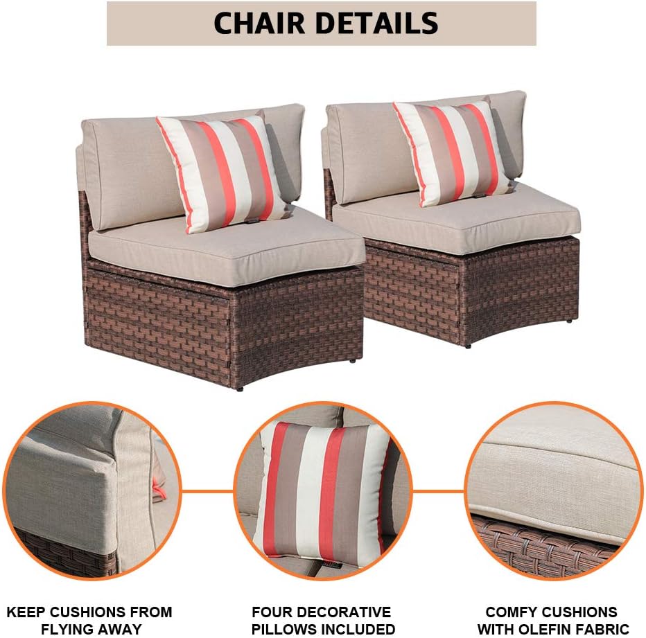 SUNSITT 7 Pieces Patio Furniture Set Outdoor Half-Moon Sectional Set with Waterproof Sofa Cover, Brown PE Wicker & Beige Cushion