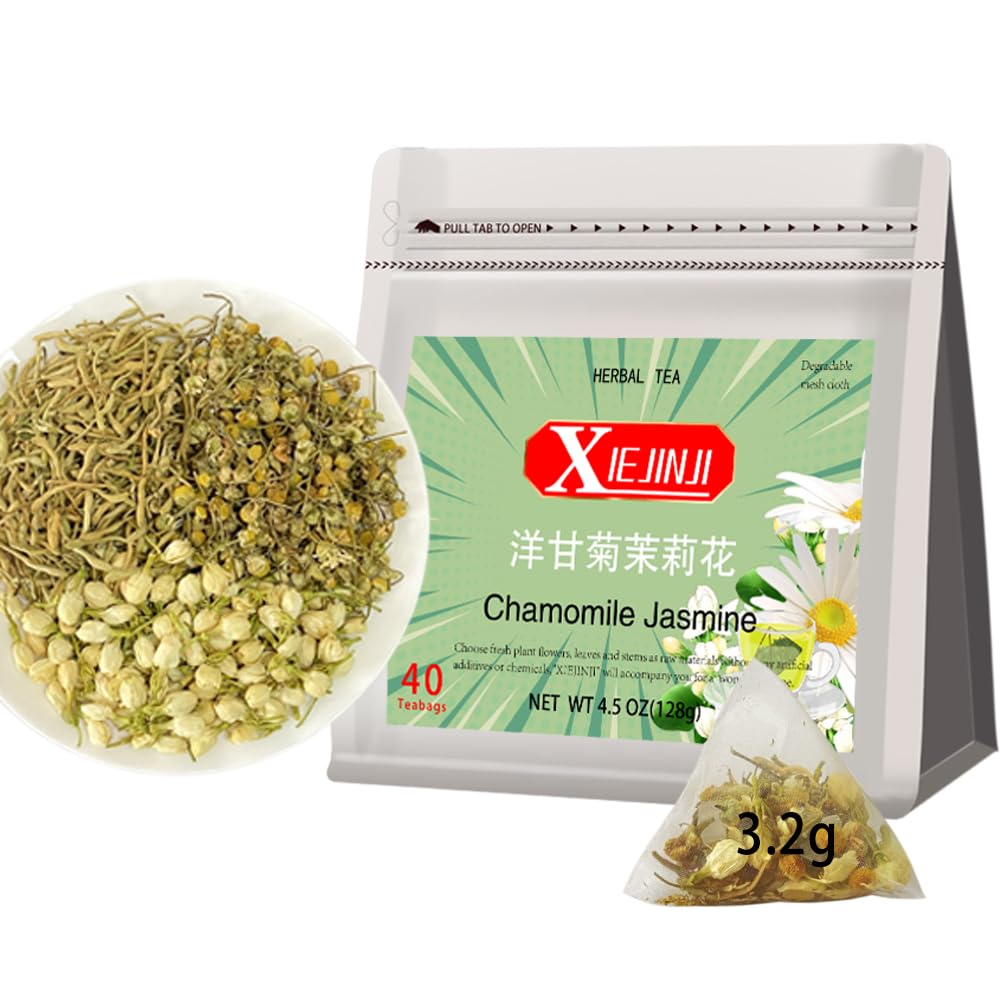 XIEJINJI Chamomile Jasmine Herbal Tea, 40 Tea Bags, Premium Soothing Floral Blend in Eco-Conscious Teabags - Non-GMO - Caffeine-free