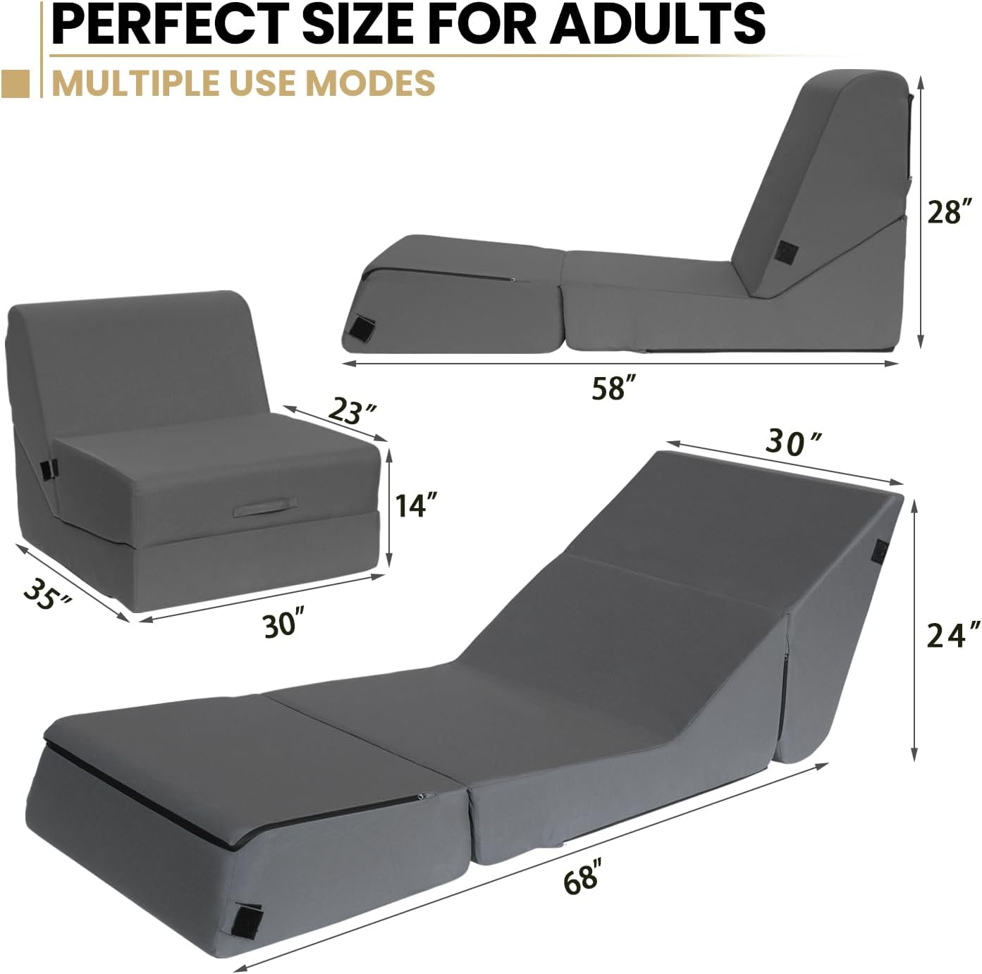 jela Outdoor Chaise Lounge, Waterproof Folding Sofa Bed Lounge Chair, UV Resistant Folding Lounge Chair with Machine Washable Cover, Soft Foam Patio Sofa Chairs Pool Lounge Chaise Chairs (Darkgrey)