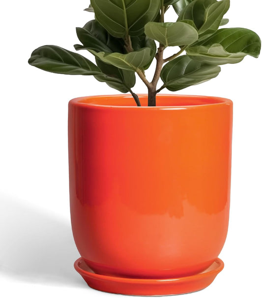 Indoor Planter 10 Inch - Ceramic Plant Pot with Drainage Hole and Saucer, Modern Decorative Round Planter for Indoor Outdoor Plants, Housewarming Gifts, Home Garden Office Decor, Orange