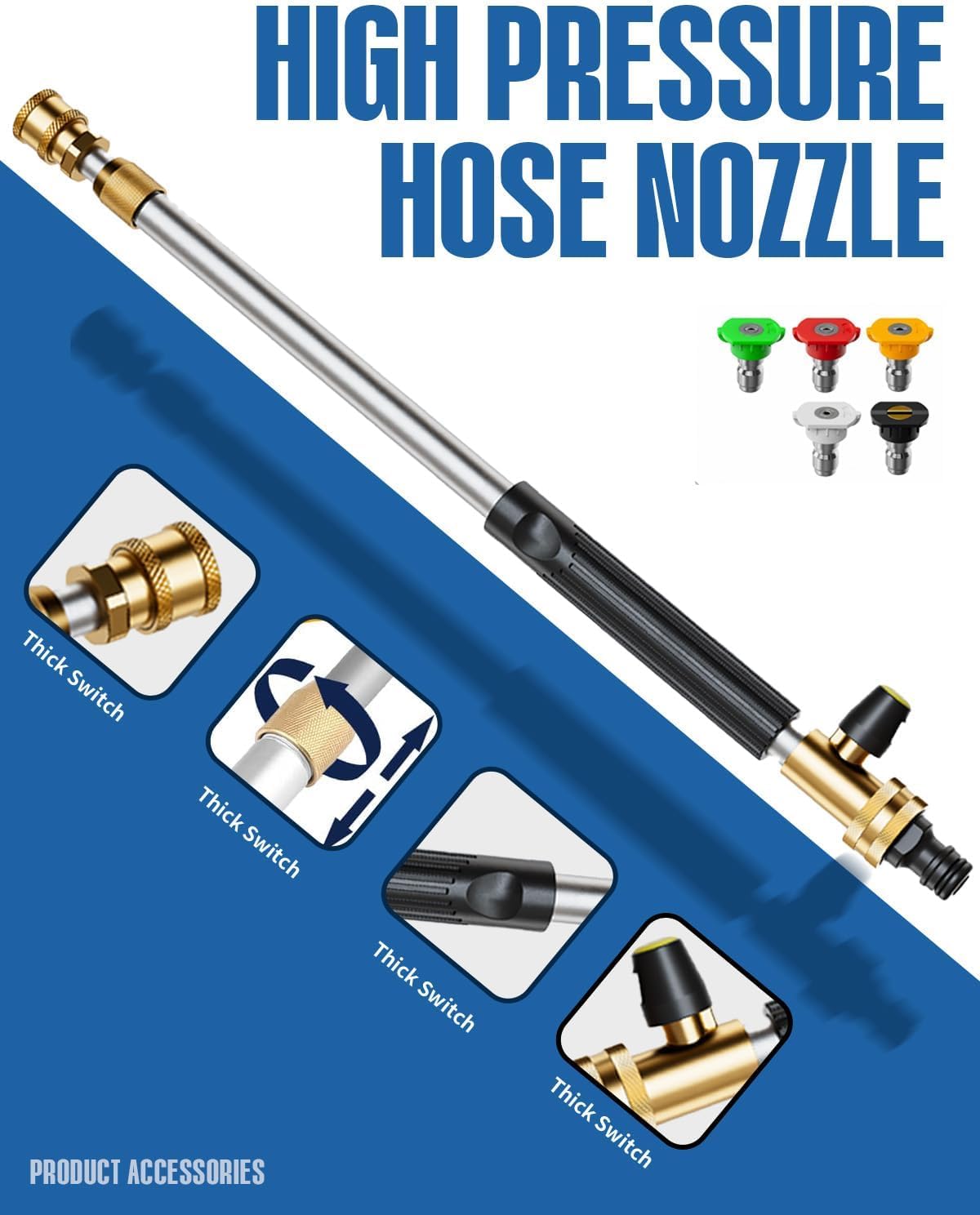 Jet Nozzle High Pressure Hose Nozzle, 2025 Upgraded Adjustable Hydro Nozzle Wands 18-33 inch, Garden Water Hose Sprayer with 5 Tips and Hose Quick Connectors for Garden, Floor and Car Washing