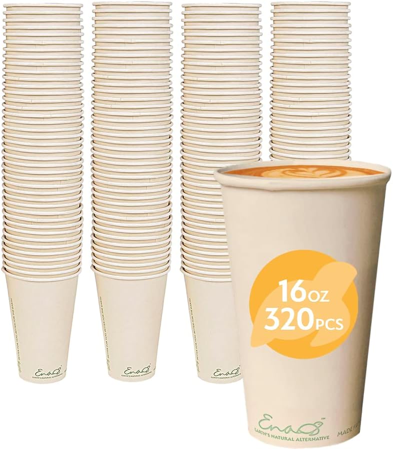 100% Compostable Disposable Coffee Cups [16oz 320 Pack] Paper Cups Made from Bamboo, Eco-Friendly, Biodegradable Premium Party Cups, Natural Unbleached by Earth's Natural Alternative