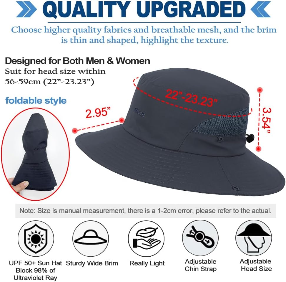 Fishing Hat, UPF50+ Wide Brim Sun Hat for Men Women, UV Protection Hiking Beach Bucket Hats Summer Safari Hat