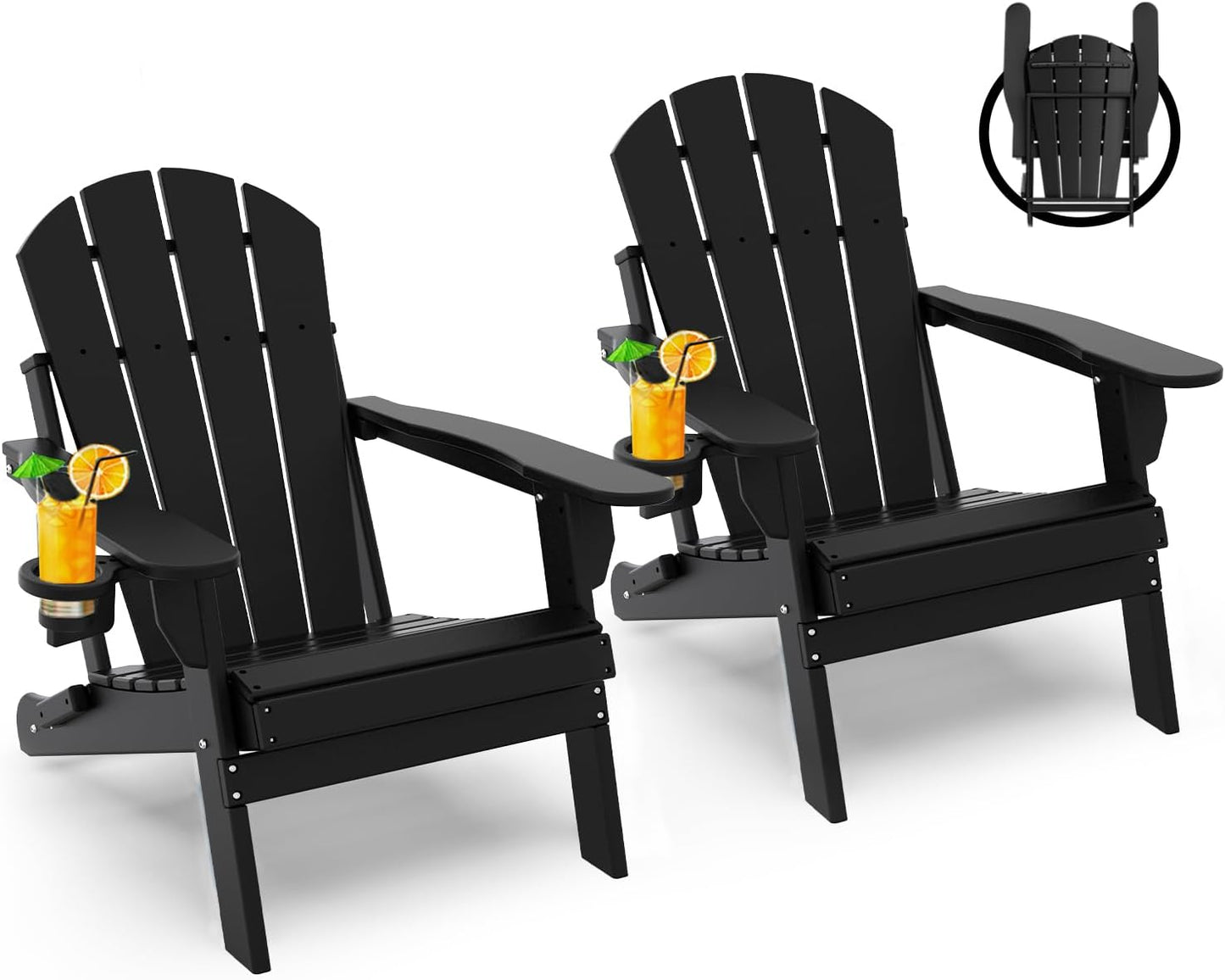 GREENVINES Folding-Adirondack-Chairs-Set-of-2 | HDPE Plastic | Fire Pit Chair | All Weather | Cup Holder | Black | for Deck Backyard Patio Outdoor Garden