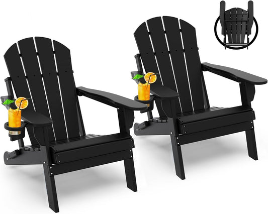 GREENVINES Folding-Adirondack-Chairs-Set-of-2 | HDPE Plastic | Fire Pit Chair | All Weather | Cup Holder | Black | for Deck Backyard Patio Outdoor Garden