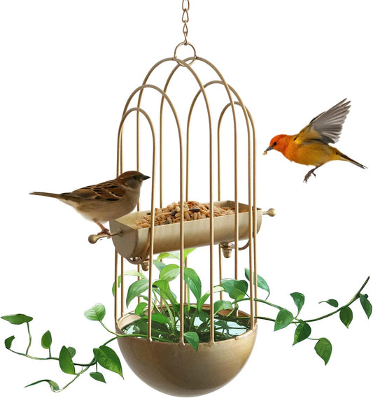 Haing Bird Feeder for Wild Birds, Metal Birdbath for Outdoods Garden Outside (Golden)