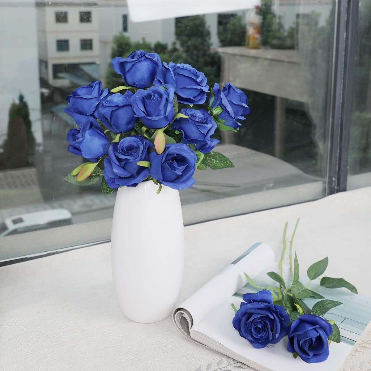 Hawesome 12PCS Artificial Silk Flowers Realistic Roses Bouquet Long Stem for Home Wedding Decoration Party (Blue 1)