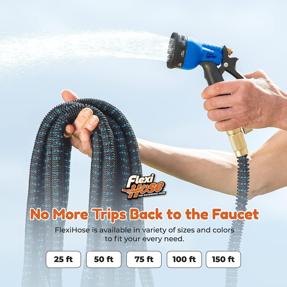Flexi Hose with 8 Function Nozzle, 100FT - Lightweight Expandable Garden Hose, No-Kink Flexibility, 3/4 Inch Solid Brass Fittings and Double Latex Core