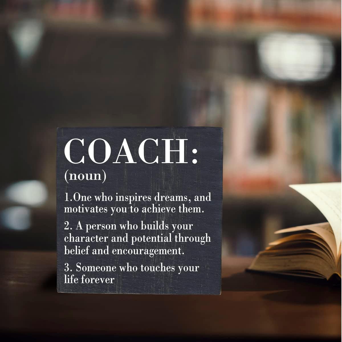 HTBIG Inspirational Coach Noun Coach Gifts Desk Decor Wooden Box Sign Rustic Black Wood Block Plaque Box Sign for Coach Mentor Trainer Tutor Home Office Desk Shelf Table Decoration Coach send friends
