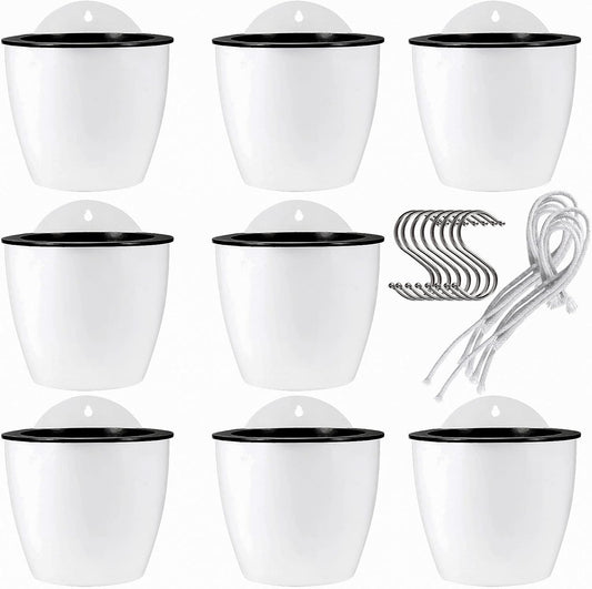JAPCHET 8 Pack 7 Inch Self Watering Hanging Planters, Wall Hanging Plastic Planter Pot with 8 Hooks, Lazy Flower Pots for Indoor Outdoor Window Wall Plants, White