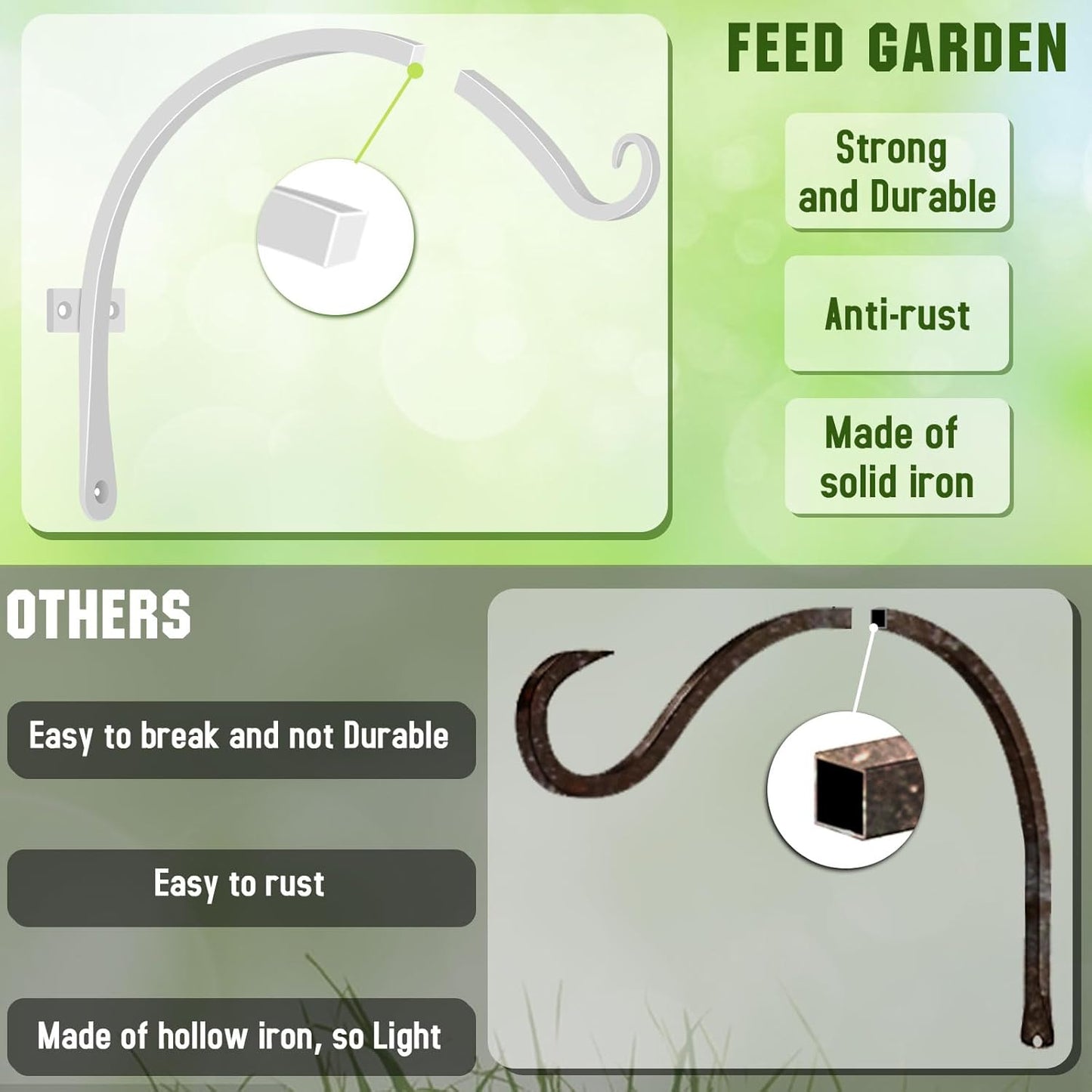 FEED GARDEN 2 Pack 12 Inch Hanging Plant Bracket Wall Hooks Decorative Plant Hangers for Outdoor Hanging Bird Feeders, Wind Chimes, Plant Baskets, White