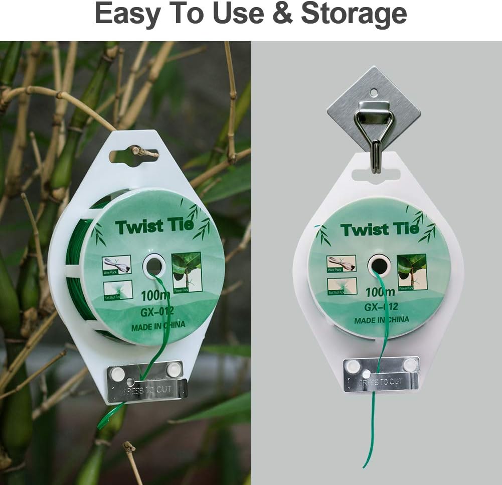 (2 Reels) Garden Wire, Twist Ties Heavy Duty with Cutter 328 Ft Multi-Function Green Coated Tape to Support Plant Tie Up Bags for Home Office (328 Feet / 100 m)