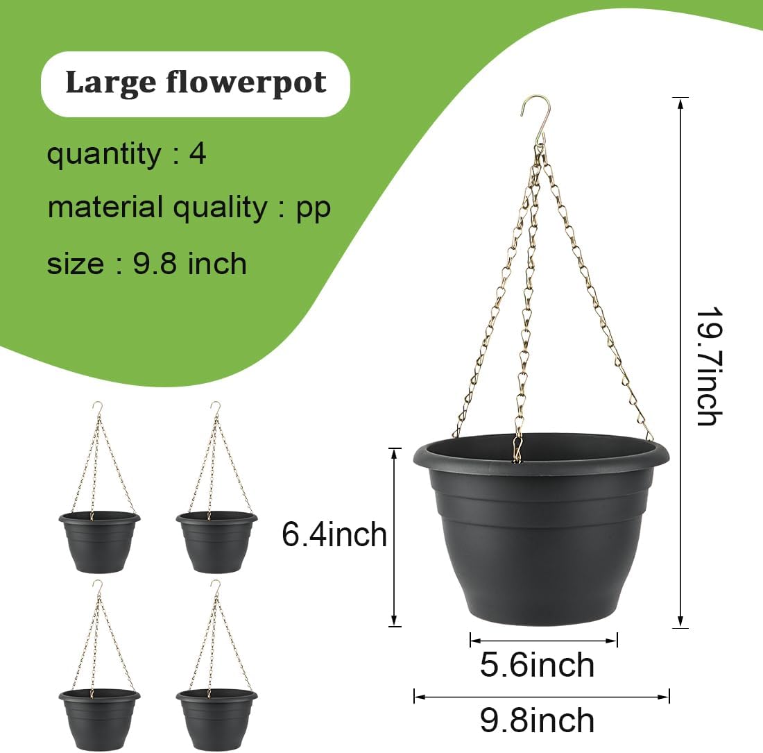 Hanging Planters 10 Inch, 4 Pcs Flower Pots with Drainage Hole, Self Watering Hanging Basket for Indoor Outdoor Plants, Decor, Gray