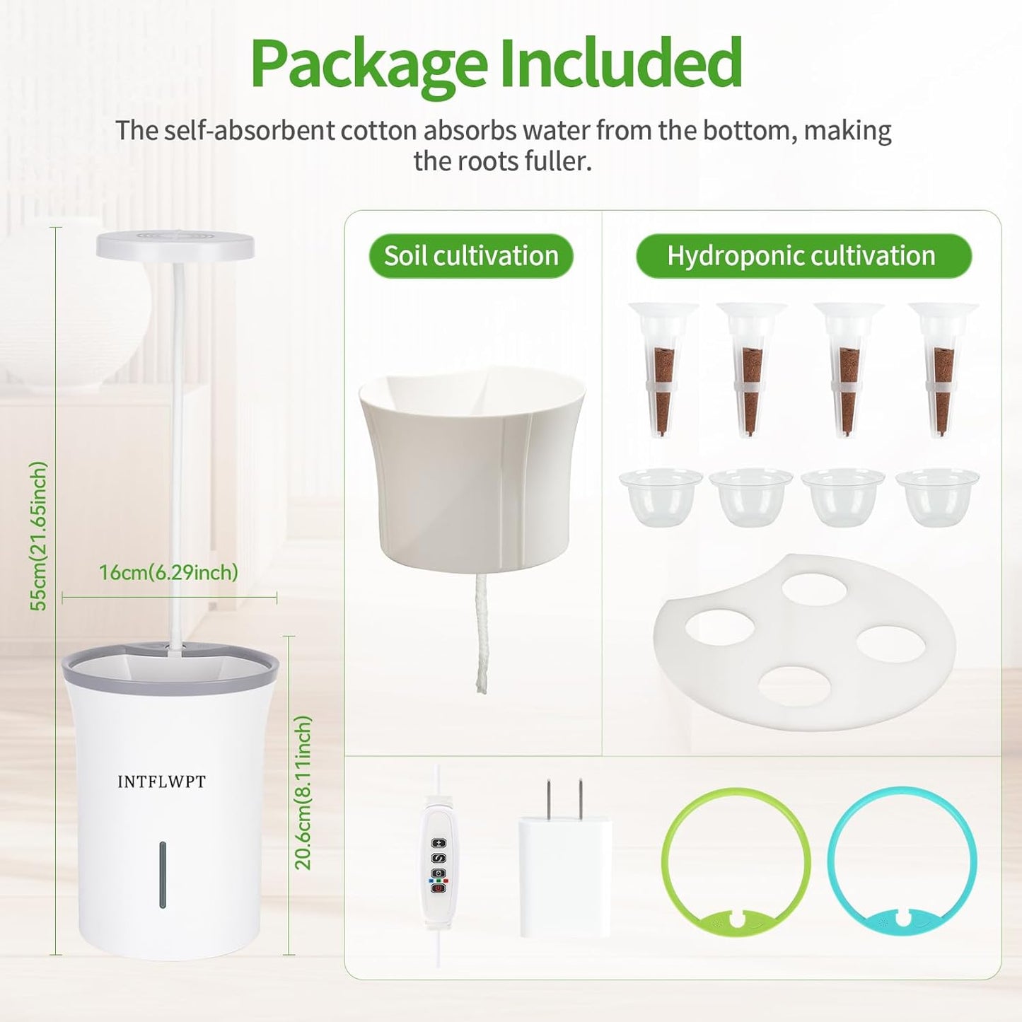 Indoor Planter Grow Light, Soil & Hydroponic Dual Mode, Automatic Timer for 3H/9H/12H, Full Spectrum 9 Dimmable Levels, Plants Germination Kit for 4 Pods, Ideal for Herbs, Flowers & Vegetables (Green)