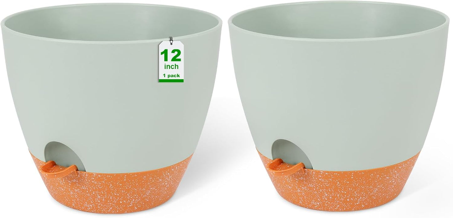 GARDIFE 12 inch planters, Plant Pots,Self Watering Pots, 2 Pack Large Plastic Flower pots with Deep Reservior and High Drainage Holes for Indoor Outdoor Plants and Flowers, Green
