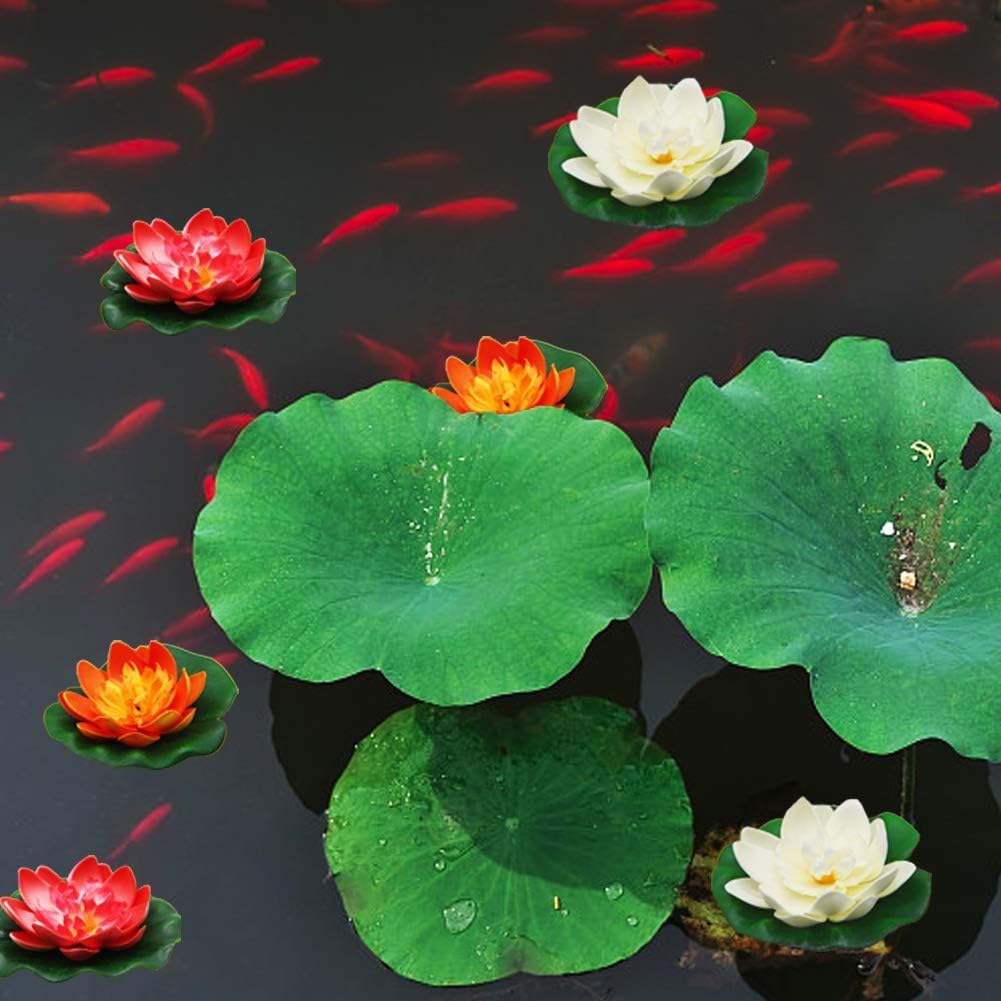 Happy Trees 12 Pcs Artificial Floating Foam Lotus Flower with Water Lily Pad, Lifelike Ornanment Home Garden Pond Decor Indian Decorations Return Gifts