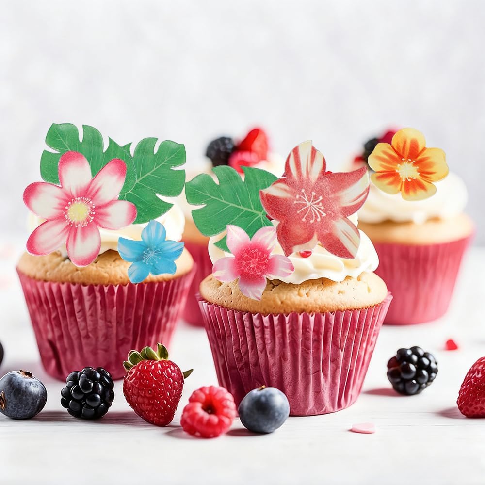 88 pieces of edible green leaf cake decorations, mixed leaf and flower cupcake decorations for Hawaiian themed festive wedding birthday party supplies.