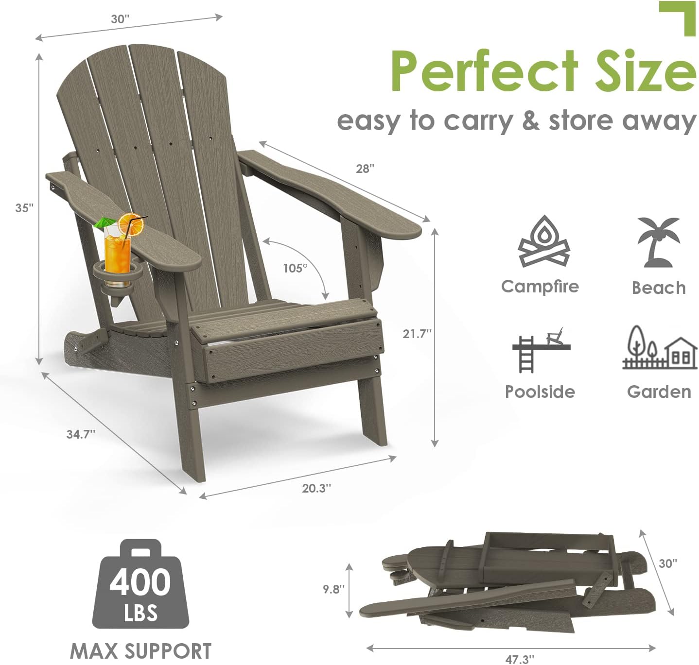 GREENVINES Folding-Adirondack-Chair | Wood Grain | HDPE Plastic | Fire Pit Chairs | All Weather | Cup Holder | Desert Brown | for Deck Backyard Patio Outdoor