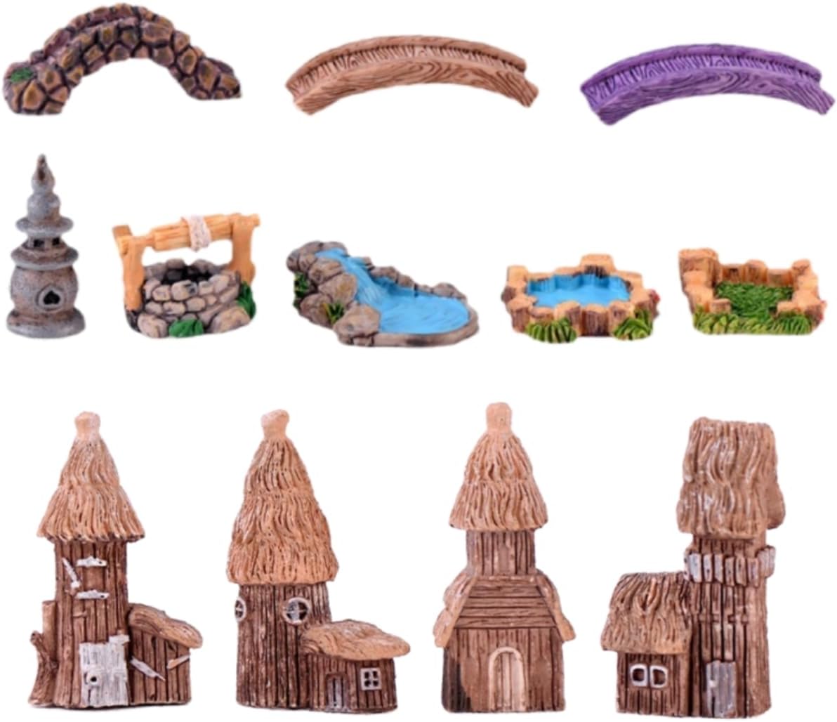 LONCESS Fairy Garden Accessories Miniature Tree House Bridge Mini Lighthouse Water Well Bridge Figurines Pond Lawn Ornament Figurines for DIY Craft Garden Decor,12 Peices