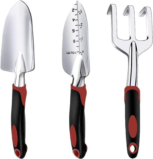 Garden Tool Set, 3 Piece Gardening Tools Includes Garden Trowel, Transplant Trowel and Hand Rake with Non-Slip Ergonomic Handle, Heavy Duty Garden Kit for Planting, Garden Gifts Red