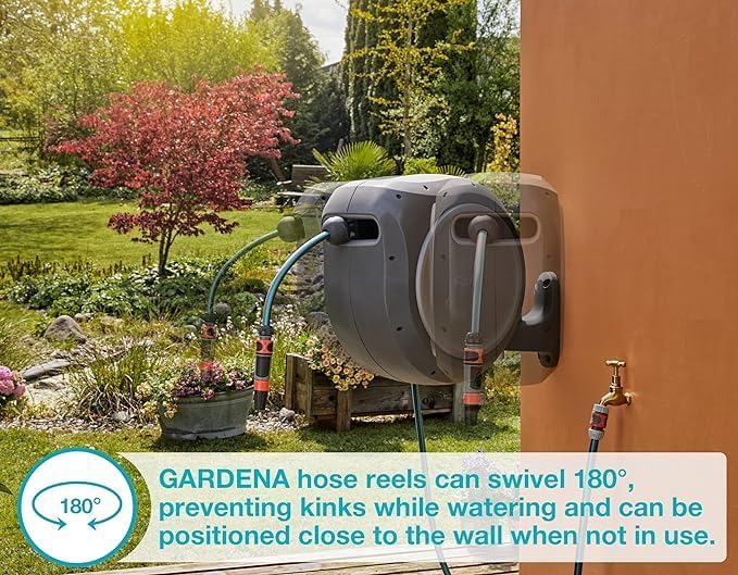 GARDENA 20502, Retractable Garden Hose Reel 75' x 1/2" hose, Wall Mounted, Automatic Retraction & Length Lock for Easy Watering. Heavy Duty Swivel Bracket 180°, Includes Nozzle. Made in Europe