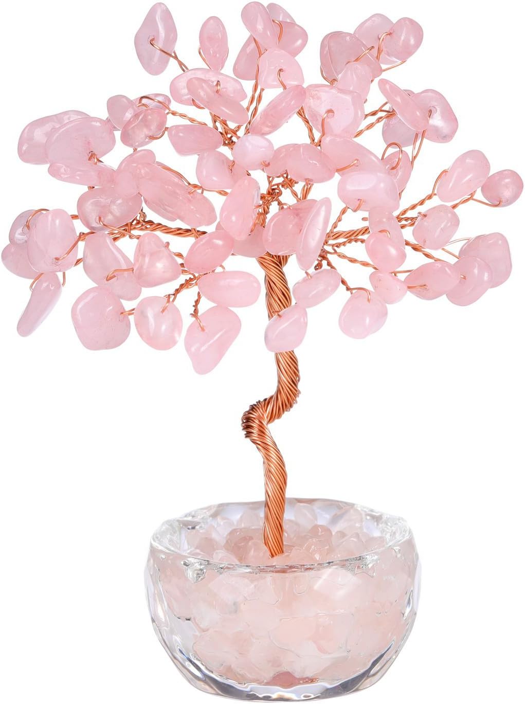 Jovivi Small Rose Quartz Crystal Tree, Natural Crystal Healing Stones Tree Glass Bowl Base Gemstone Money Trees Feng Shui Good Luck Home Desk Decor