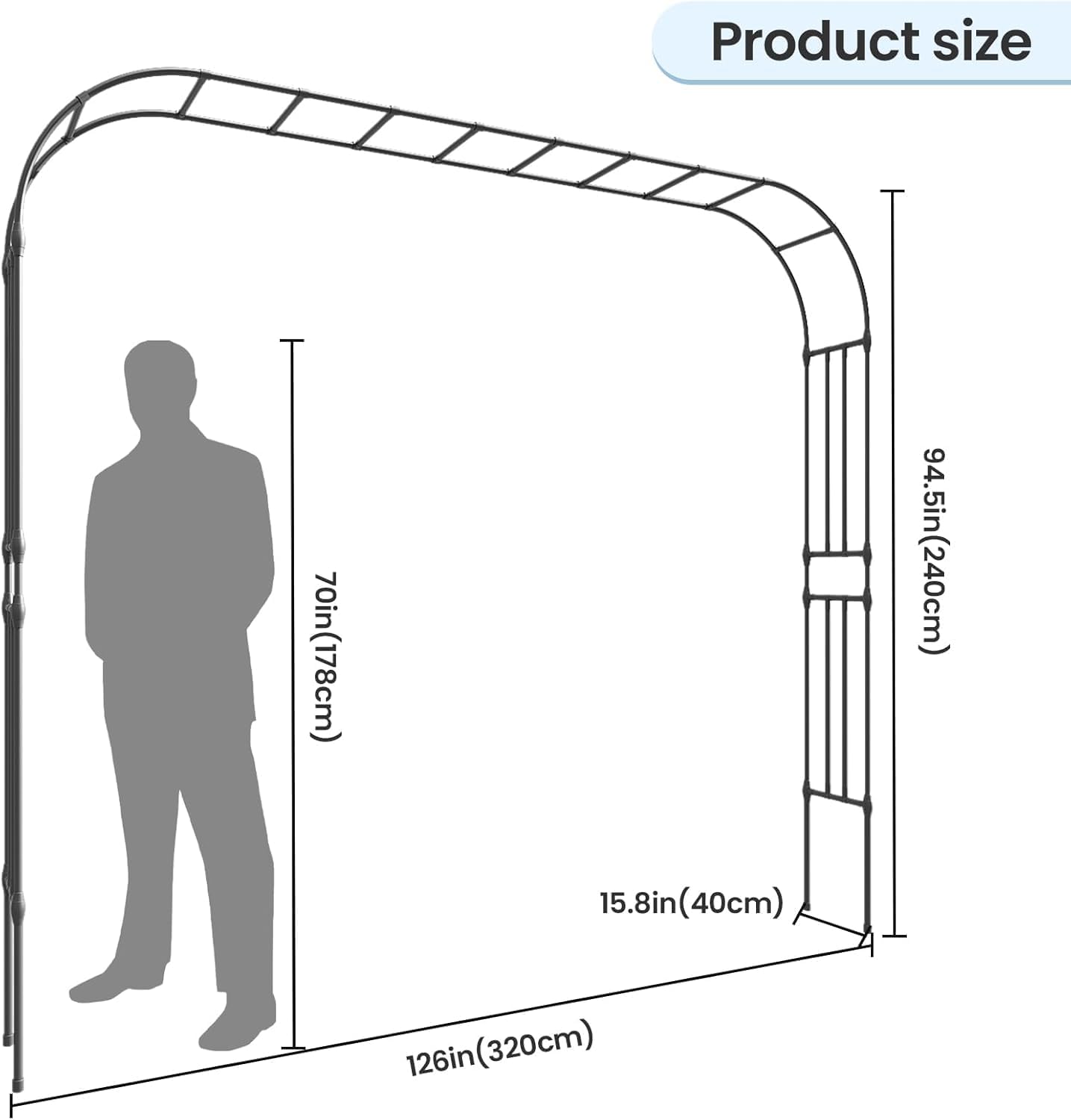 Garden Arch Arbor Trellis, 126" L x 94.5" H, Metal Archway for Climbing Plants Outdoor, Wide Sturdy Garden Arch for Lawn, Party, Ceremony Wedding Decoration