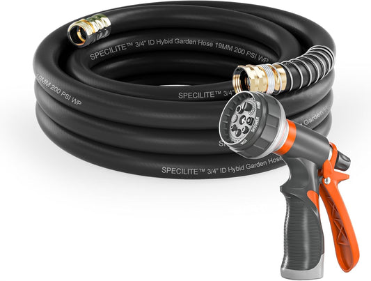 Garden Water Hose 25 ft x 3/4 in Heavy Duty, Flexible and Lightweight, Burst 600 psi, Kink-less Hybrid Rubber Pipe for Backyard, 3/4'' Brass Fittings, Black