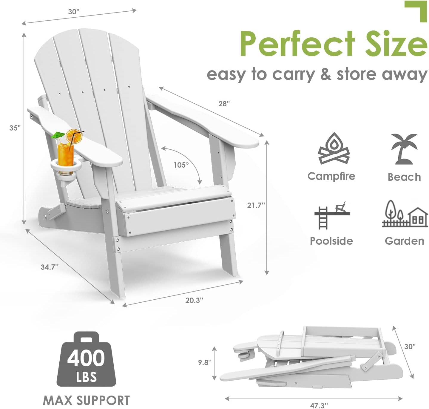 GREENVINES Folding-Adirondack-Chairs-Set-of-6 | HDPE Plastic | Fire Pit Chair | All Weather | Cup Holder | White | for Deck Backyard Patio Outdoor Garden