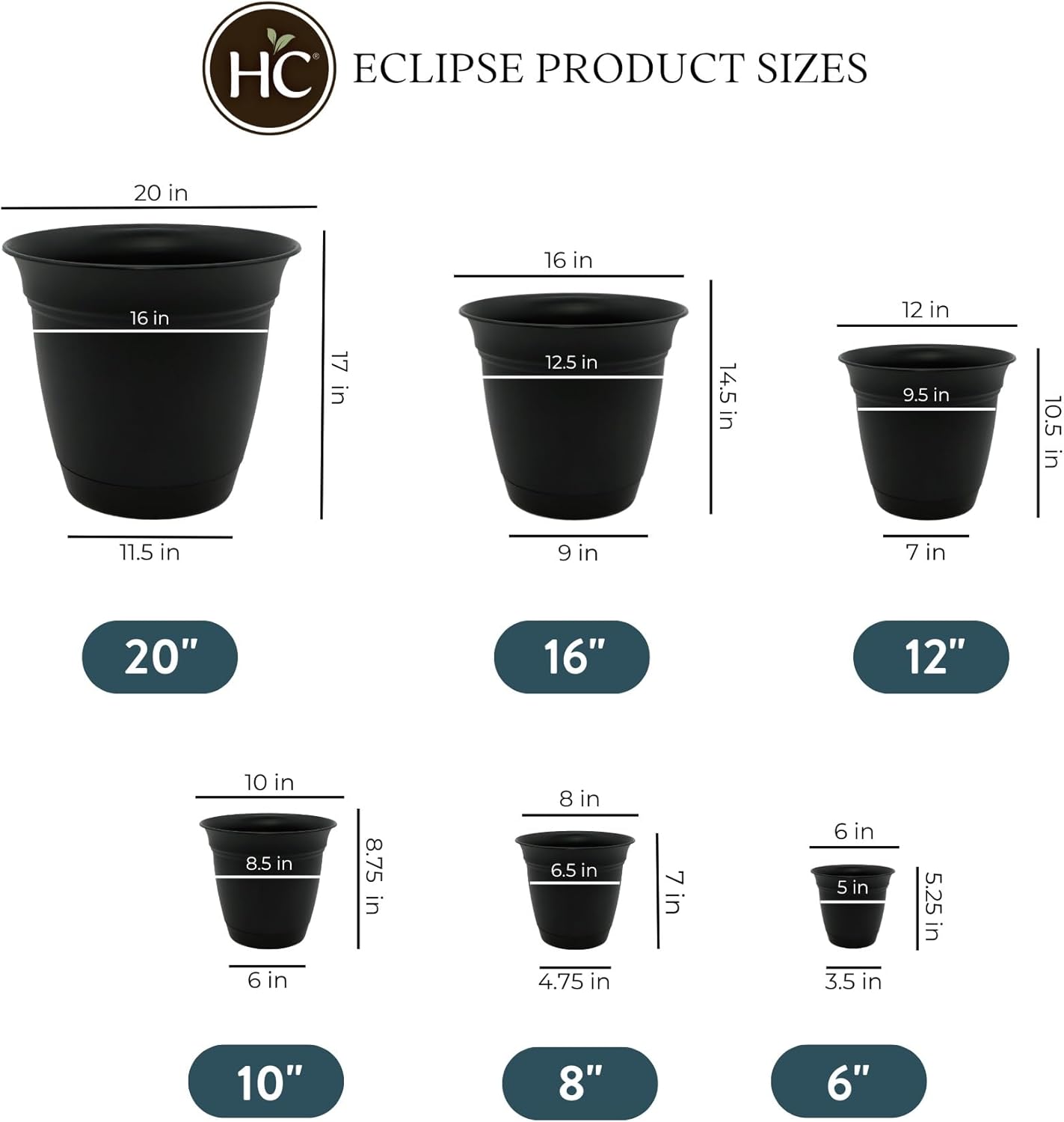 The HC Companies Eclipse Round Planter with Saucer - Outdoor & Indoor Plant Pot with Drainage Holes - Lightweight, UV-Resistant Plastic Pots for Plants, Flowers & Herbs (8" Black, Pack of 1)