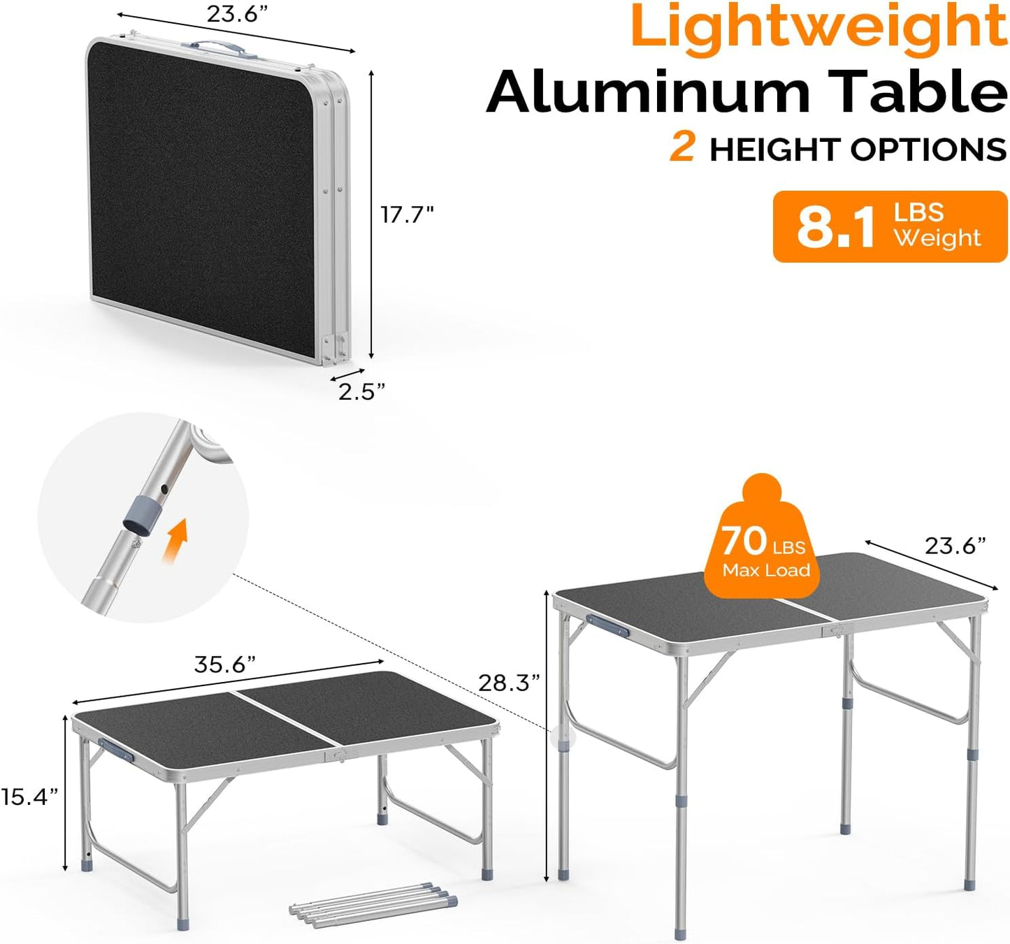 VINGLI 3FT Small Camping Table Adjustable Height Aluminum Folding Table for Picnic Party BBQ, Plastic RV Suitcase Table Portable Lightweight Fold Up Utility Outdoor Tables with Carrying Handle …