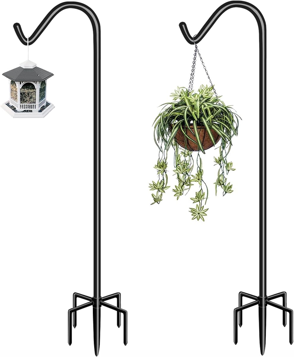 Garbuildman 92 Inch Tall Shepherd Hooks with 5-Forked Base, Adjustable Heavy Duty Bird Feeder Pole Stand Hanger for Outdoor, Shiny Black, 2 Pack