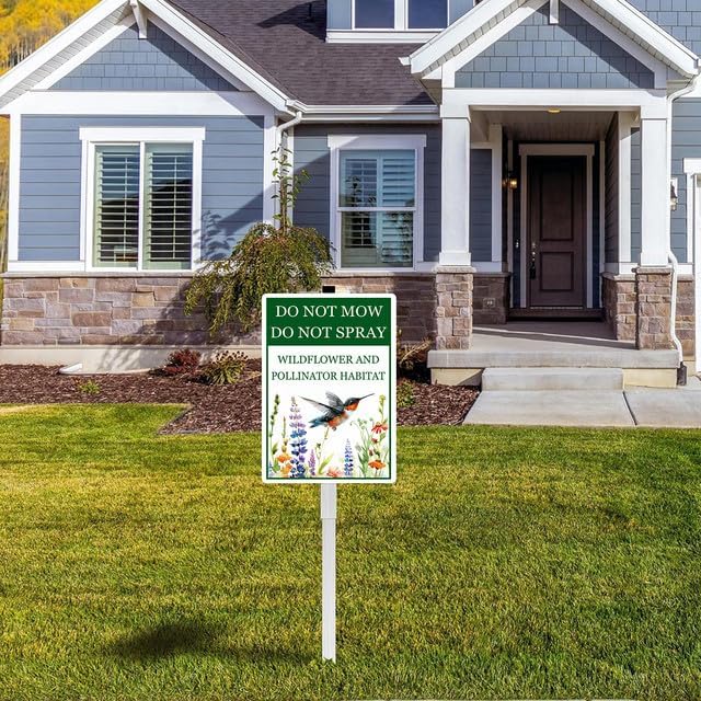 Do Not Mow Do Not Spray Wildflower and Pollinator Habitat Yard Sign With Stakes 7x9.8 inches Rustproof Reflective Aluminum Pollinator Friendly Garden Sign Stand Outdoor