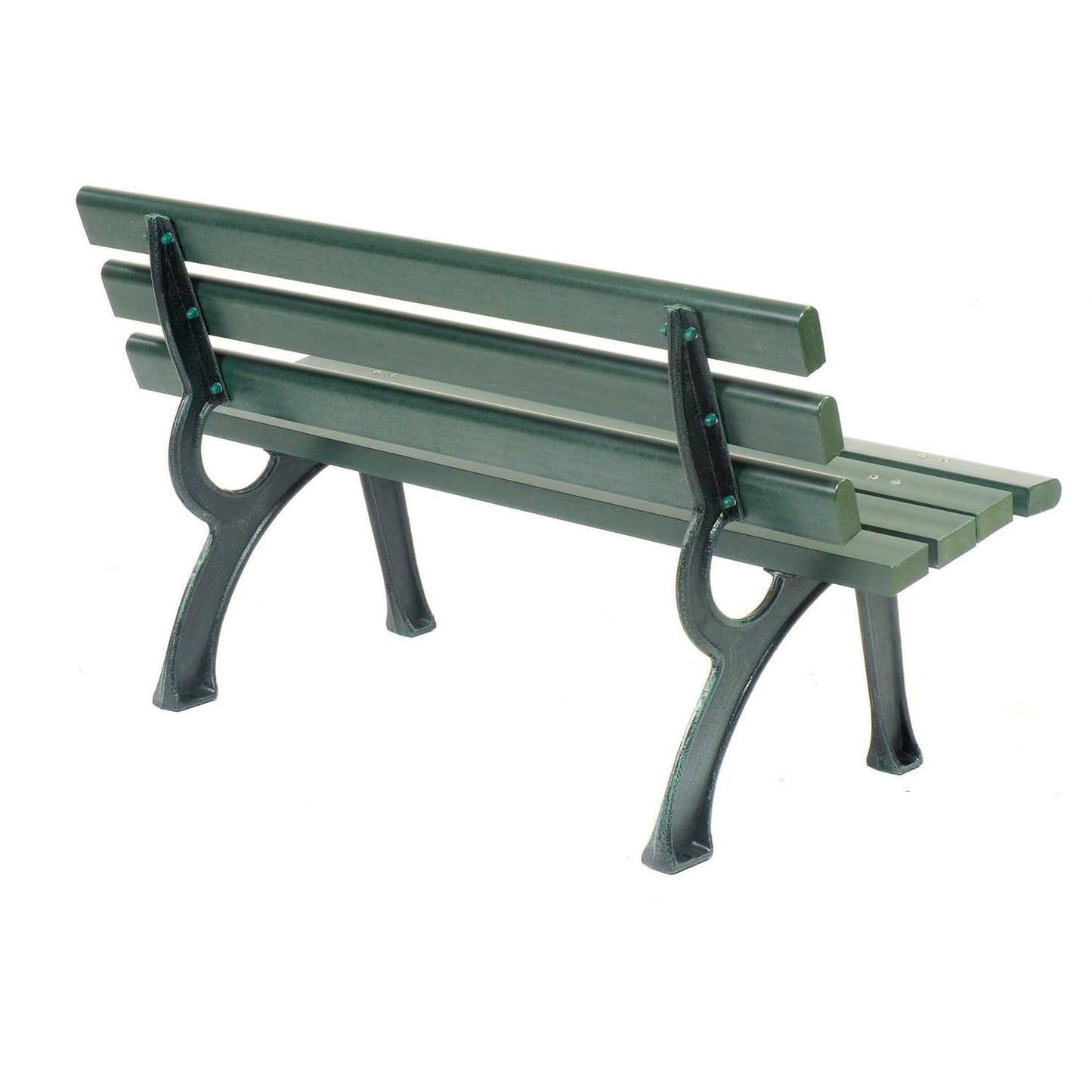 Global Industrial 4'L Outdoor Park Bench with Backrest, Recylced Plastic Slats, Wrought Iron Frame, 1100 lbs Capacity, Green, Surface Mount, Easy Assembly