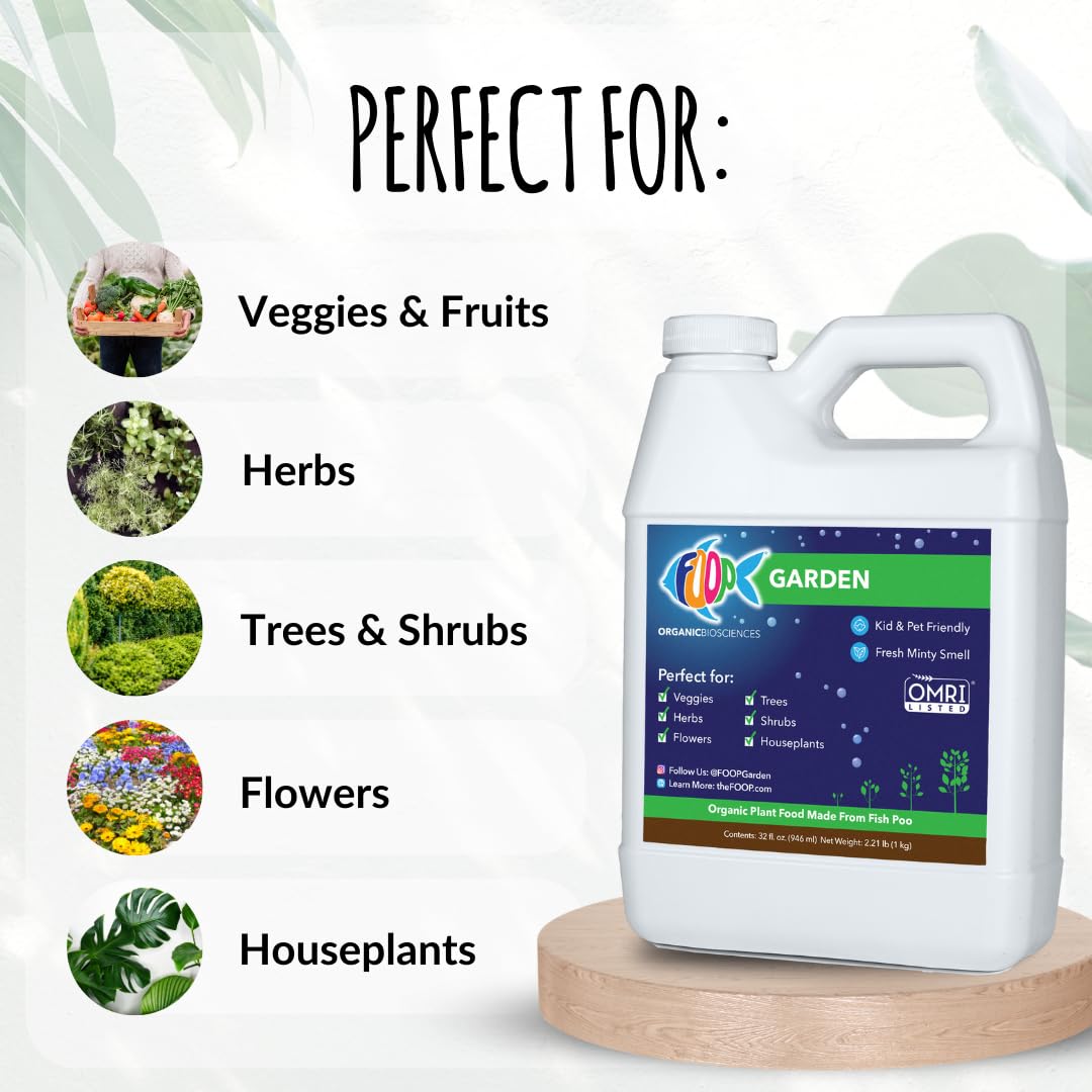 FOOP Garden - Organic Liquid Plant Food Made from Fish Manure (with Fresh Minty Scent) | Fish Fertilizer Alternative Perfect for Veggies, Herbs, Flowers,Trees,Shrubs | Kid&Pet Friendly (32oz)