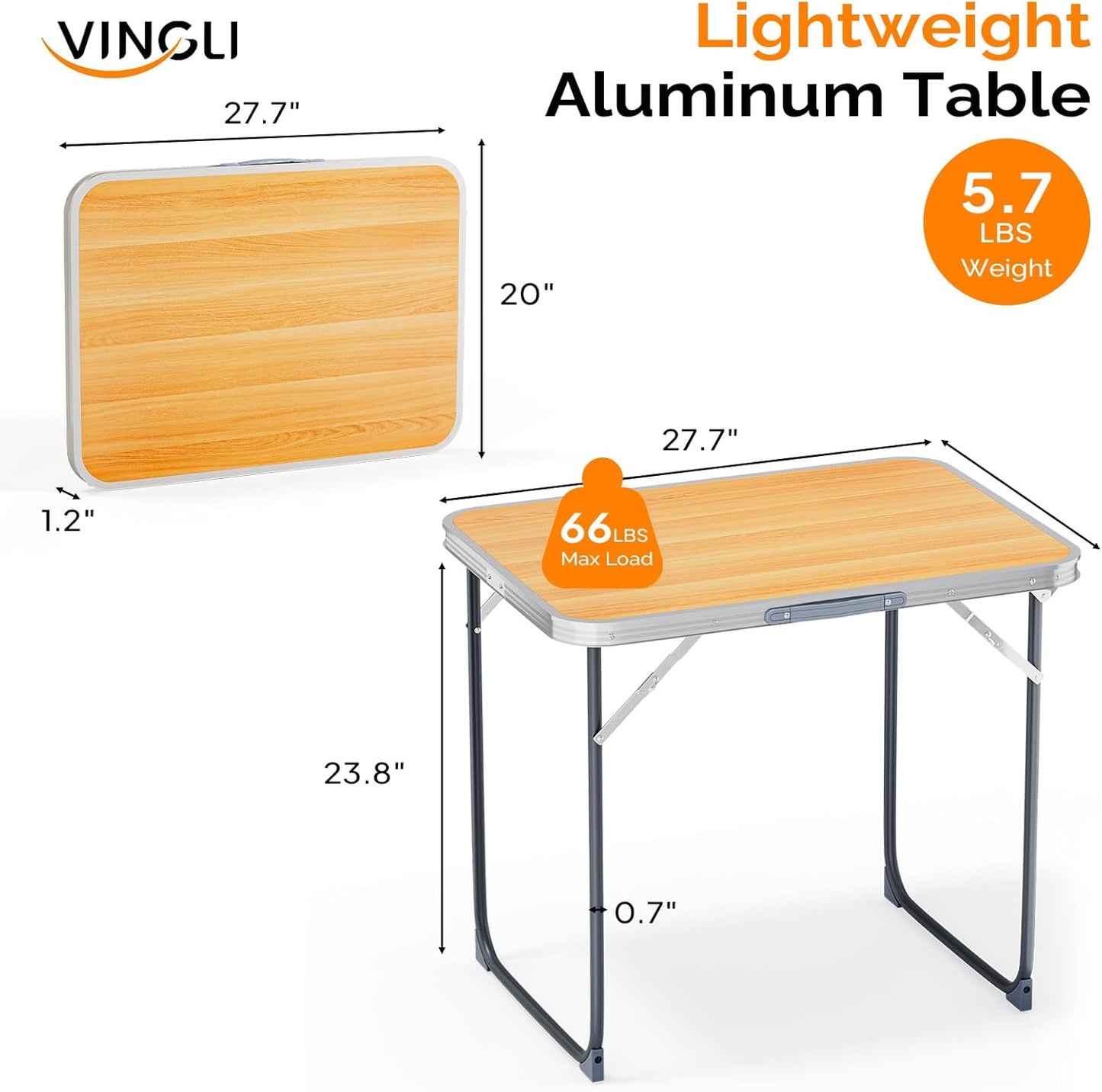 VINGLI 2.3FT Small Camping Table，Portable Camping Table with Carrying Handle, Picnic Table Foldable Table Essentials for Indoor Outdoor