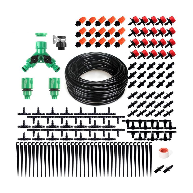 FAMILY'S BACKYARD 131FT Drip Irrigation System,Irrigation System for Garden Watering System,drip Irrigation kit1/2inch to 1/4inch Irrigation Tubing Hose Adjustable Nozzle Emitters Barbed Fittings