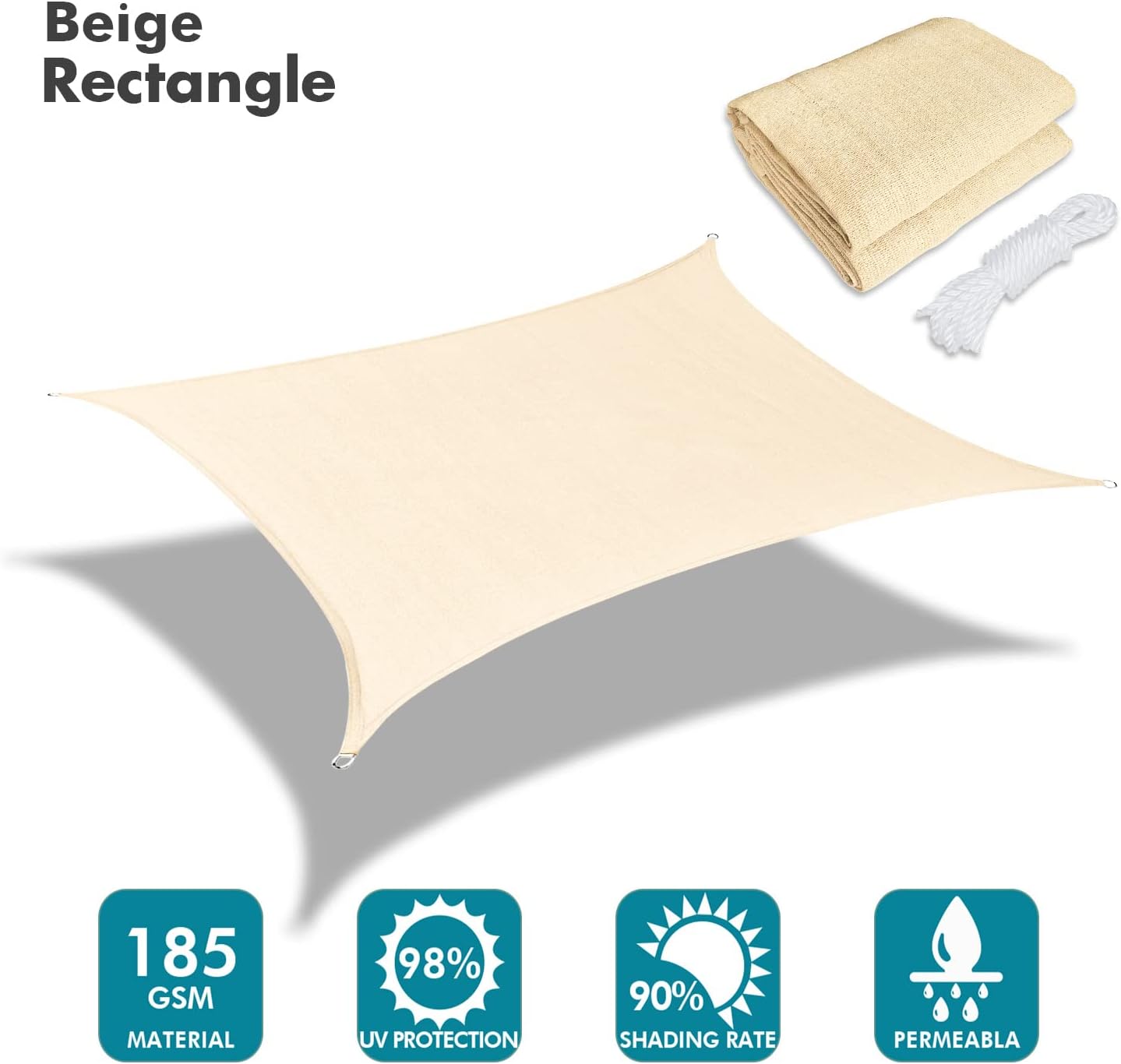 KANAGAWA 7'X12' Cream Custom Size Sun Shade Sail Rectangle UV Block Canopy Cover for Patio Backyard Lawn Garden Outdoor (Customized Available)