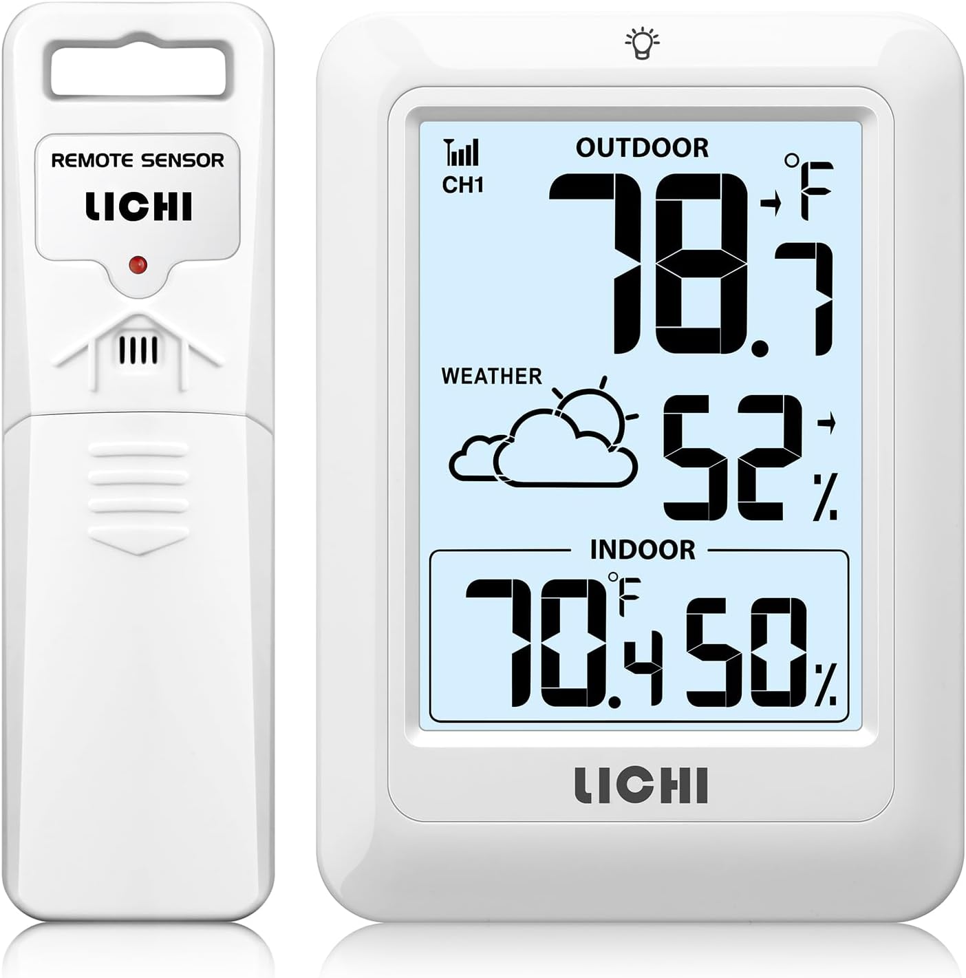 Indoor Outdoor Thermometer Wireless Weather Station, Internal External Thermometer Hygrometer, Home Batteryoperated Temperature Humiditymonitors330 Feet (About 100 Meters) Backlight Display (White)