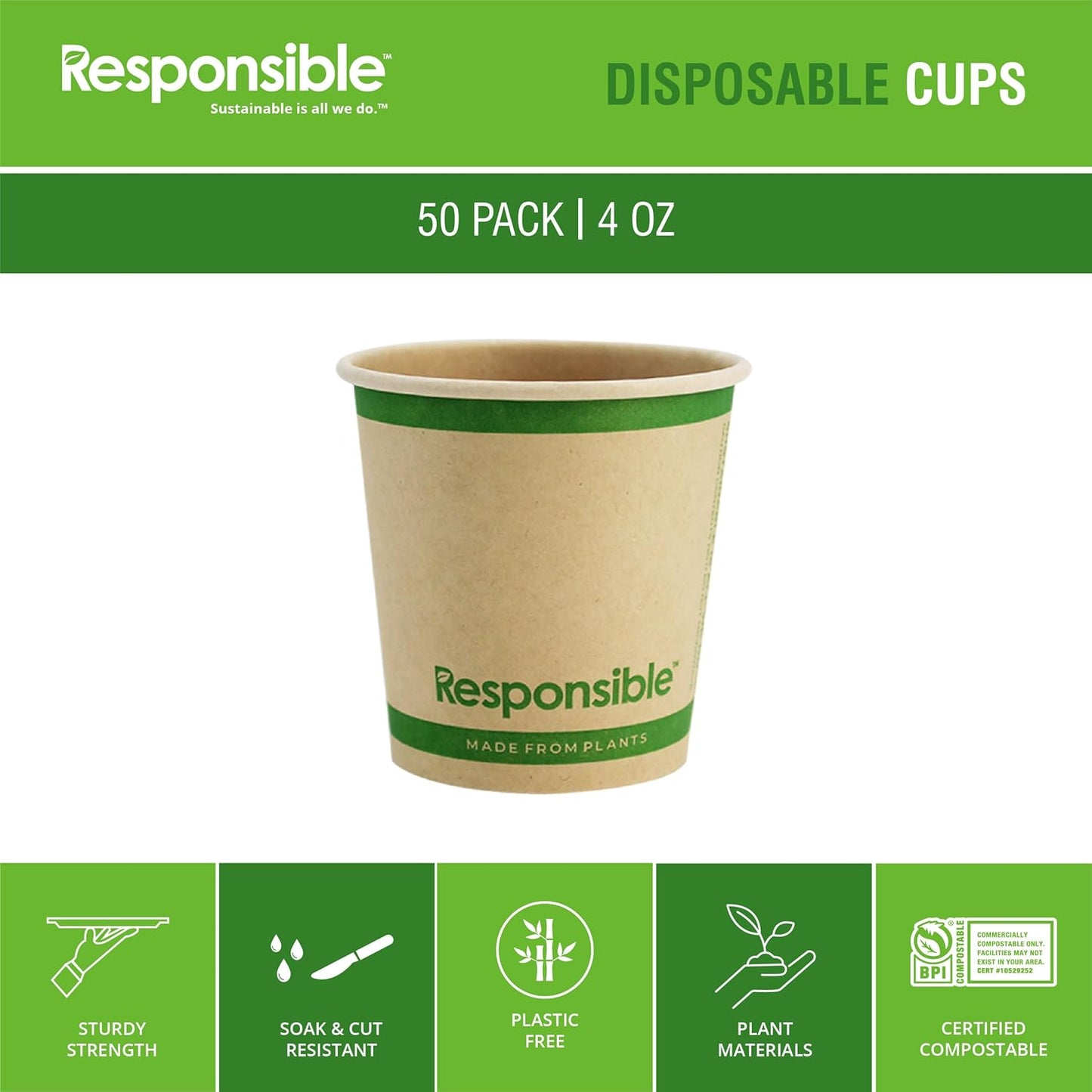 Certified Compostable 4 oz Paper Cups, Cold ＆ Hot Coffee Cups, Disposable Paper Cups, Extra Strength Disposable Cups, Made without PFAS (50 count)