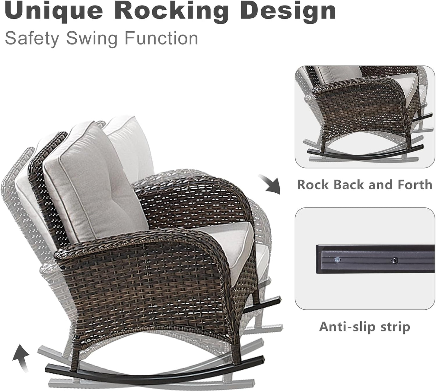 HUMMUH 5 Pieces Wicker Patio Furniture Set,Outdoor Rocker Chairs,Patio Ottomans,Glass Top Side Table,Outdoor Conversation Set for Porch Deck Backyard Poolside