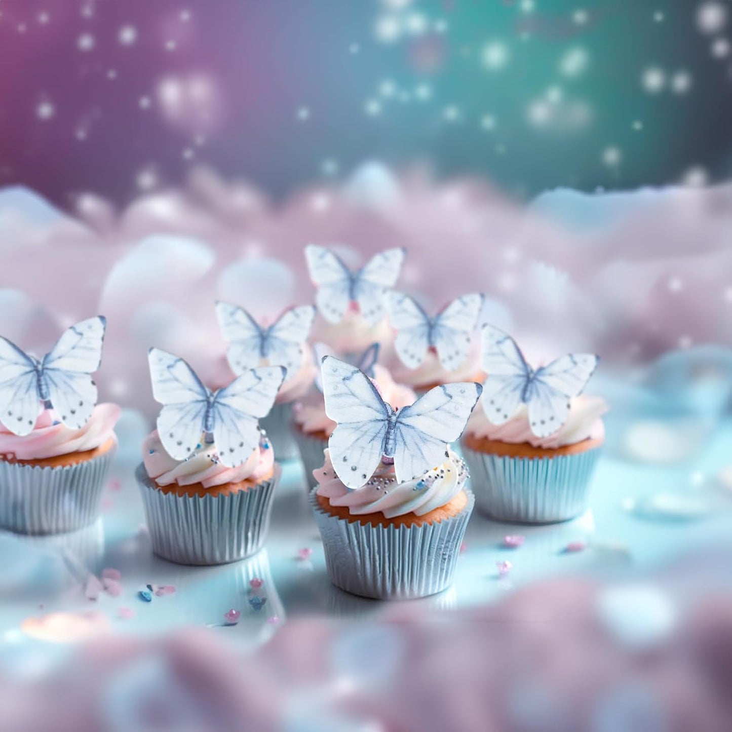 Ephlyn 48Pcs Edible Butterfly Cupcake Toppers Butterfly Cupcake Picks Edible Cupcake Decorations for Baby Shower Kids Birthday Party Cake Supplies Blue